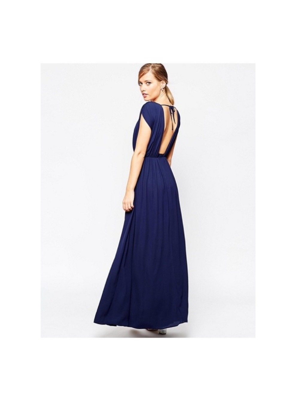 ASOS Sleeveless Floaty Navy Maxi Formal Evening Dress with Glitter Waistband